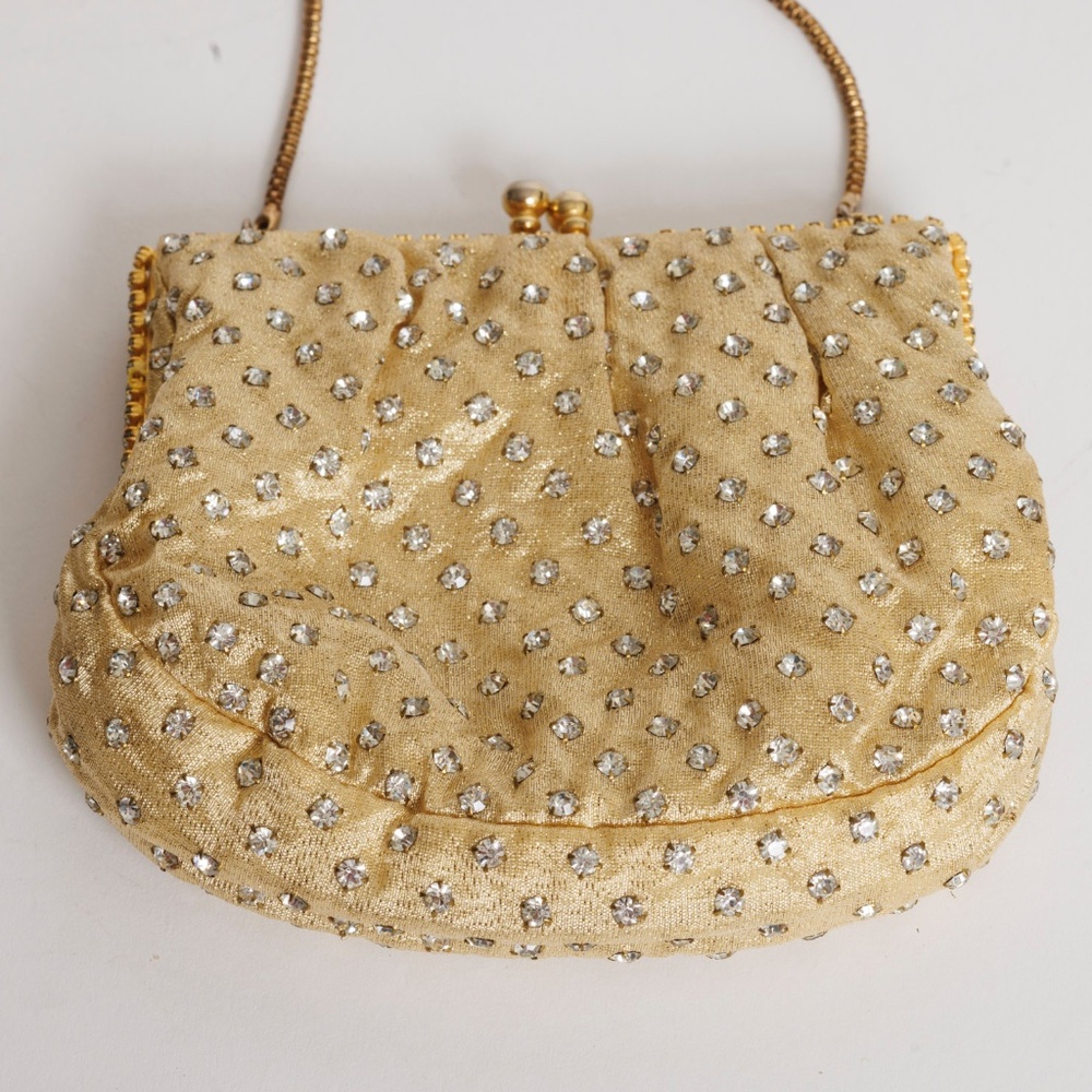 Vintage 1950s Walborg Gold Rhinestone Evening Bag with Rhinestone Kiss Closure